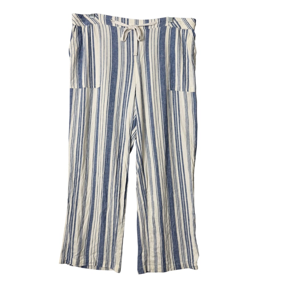 Land n Sea Linen Blend Pants Womens 1XL Blue White Stripe Crop Coastal Beach